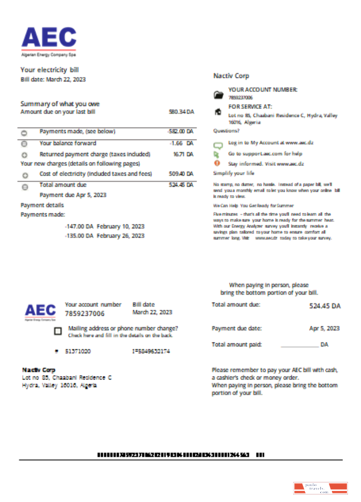 AEC Algerian Energy Company utility business bill, SCR PSD template